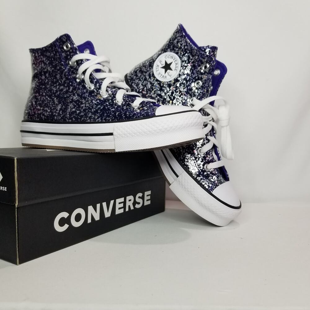 Converse Women's CTAS Glitter Hi Tops Size 7 Indigo Silver White  A10043C NWT